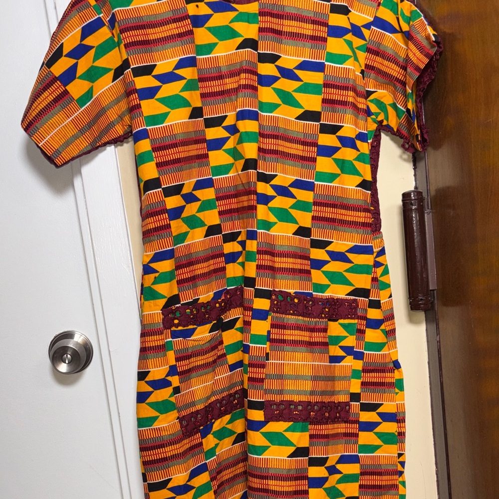 Vibrant African Print Shift Dress in Yellow, Green & Blue